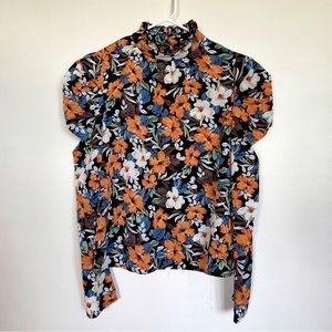 Orange blue floral blouse with puffed sleeves